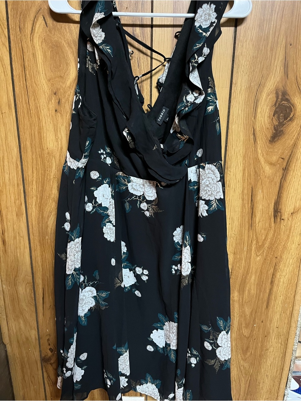 torrid Black Floral Backless Wrap Dress with White Blooms